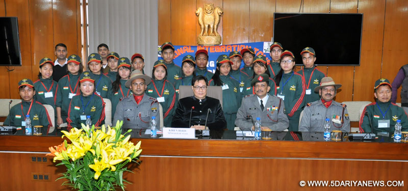 The Minister of State for Home Affairs, Kiren Rijiju in a group photograph with the children from Mizoram on tour, organised by the Assam Rifles, in New Delhi on January 12, 2016