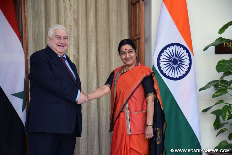 : New Delhi: External Affairs Minister Sushma Swaraj during a meeting with the Minister of Foreign Affairs of the Syrian Arab Republic, H.E. Walid Al Moualem in New Delhi on Jan 12, 2016. 