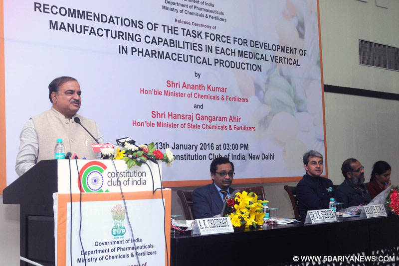 Ananth Kumar addressing at the release of the report of Task Force for development of manufacturing capabilities in each medical vertical in Pharmaceutical Production, in New Delhi 