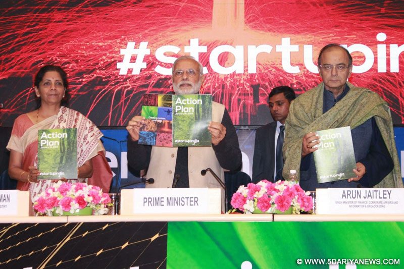 New Delhi: Prime Minister Narendra Modi, Union Minister for Finance, Corporate Affairs and Information and Broadcasting Arun Jaitley and Union MoS Commerce and Industry Nirmala Sitharaman at the launch of `Start Up India`, in New Delhi on Jan 16, 2016.