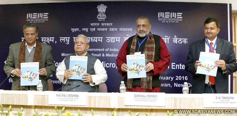 The Union Minister for Micro, Small and Medium Enterprises, Shri Kalraj Mishra releasing a bilingual monthly Laghu Udyog Samachar on MSME, at the 13th Meeting of the National Board for Micro, Small & Medium Enterprises, in New Delhi on January 18, 2016. The Minister of State for Micro, Small & Medium Enterprises, Shri Giriraj Singh and the Secretary, Ministry of Micro, Small & Medium Enterprises, Dr. Anup K. Pujari are also seen.