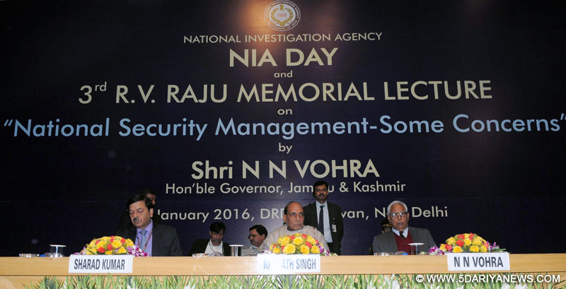 The Union Home Minister, Rajnath Singh and the Governor of Jammu and Kashmir, N.N. Vohra, at the National Investigation Agency (NIA) Day, in New Delhi on January 19, 2016. 