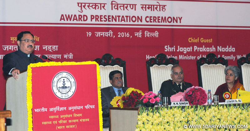 The Union Minister for Health & Family Welfare, Shri J.P. Nadda addressing on the occasion of the ICMR Awards Presentation Ceremony, in New Delhi on January 19, 2016. . The Director General, ICMR and Secretary, DHR, Dr. Soumya Swaminathan is also seen.