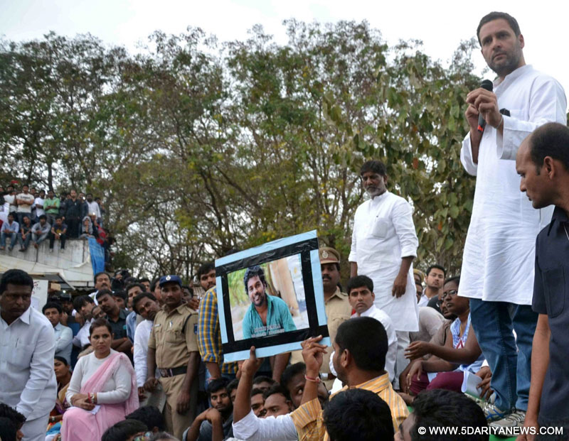 Congress vice president Rahul Gandhi at University of Hyderabad (UoH) where Rohith Vemula, a Dalit research scholar of the university allegedly hanged himself to death after he was expelled from his hostel; in Hyderabad, on Jan 19, 2016.