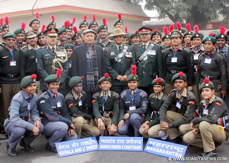 The Minister of State for Planning (Independent Charge) and Defence, Shri Rao Inderjit Singh in a group photograph at the DG NCC Republic Day Camp 2016, in New Delhi on January 19, 2016. The DG NCC, Lt. Gen. Aniruddha Chakravarty is also seen.