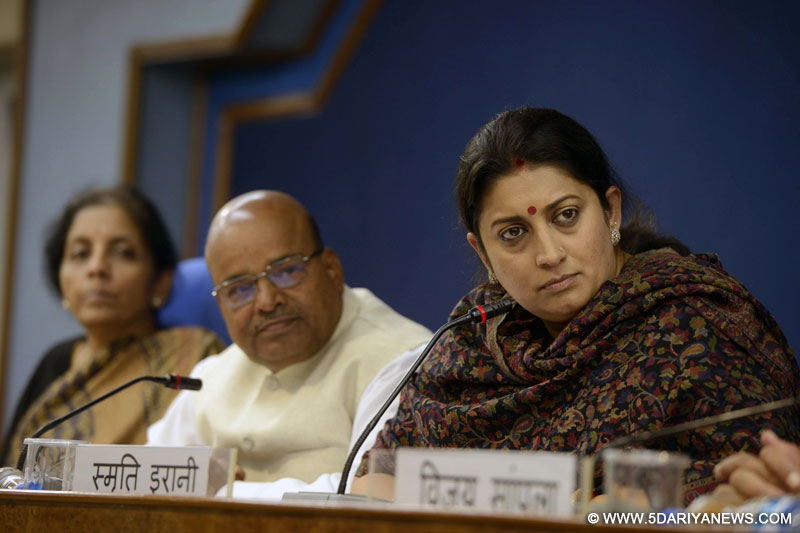 New Delhi: Union HRD Minister Smriti Irani and Union Minister for Social Justice and Empowerment Thaawar Chand Gehlot address a press conference regarding the suicide of Rohith Vemula, a Dalit research scholar of the University of Hyderabad who allegedly hanged himself to death after he was expelled from his hostel; in New Delhi, on Jan 20, 2016.