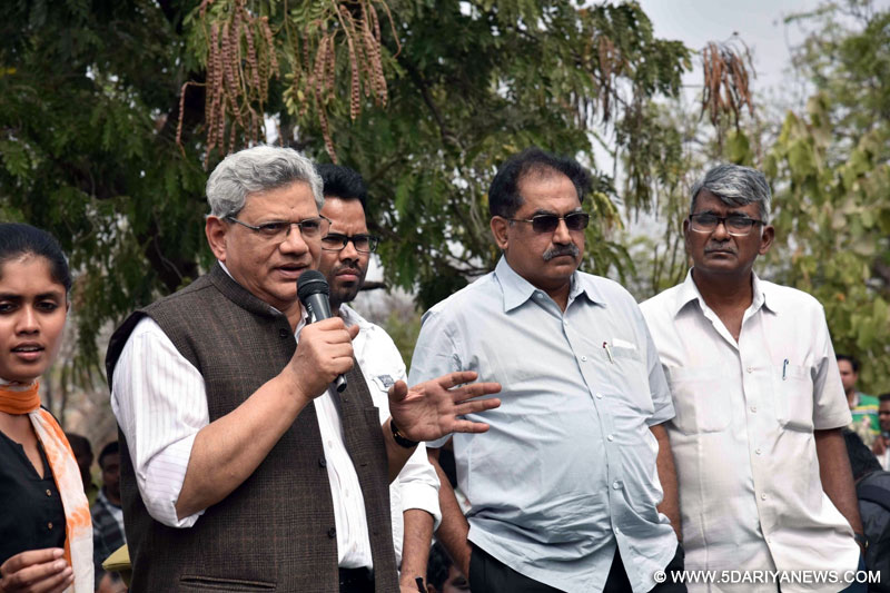 CPI-M general secretary Sitaram Yechury addresses at University of Hyderabad (UoH) where Rohith Vemula, a Dalit research scholar of the university allegedly hanged himself to death after he was expelled from his hostel; in Hyderabad, on Jan 20, 2016. 