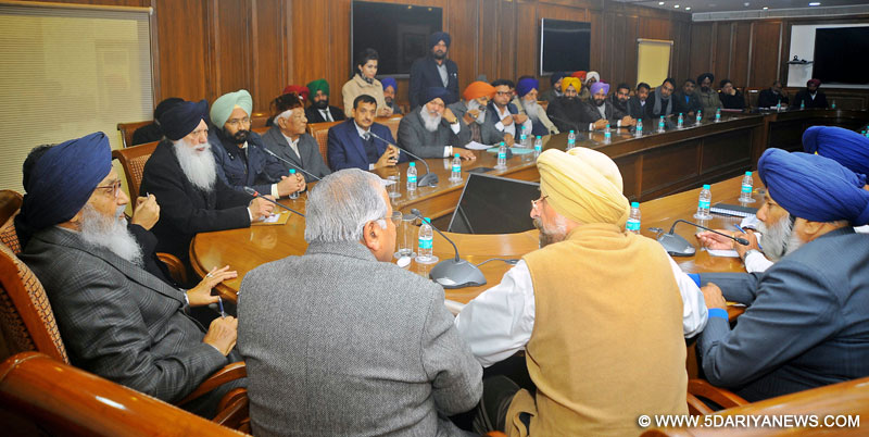 Punjab Chief Minister Mr. Parkash Singh Badal presiding over a meeting to review the prior arrangements for commemoration of 150th birthday celebrations of legendary freedom fighter Lala Lajpat Rai at Punjab Bhawan on Thursday.