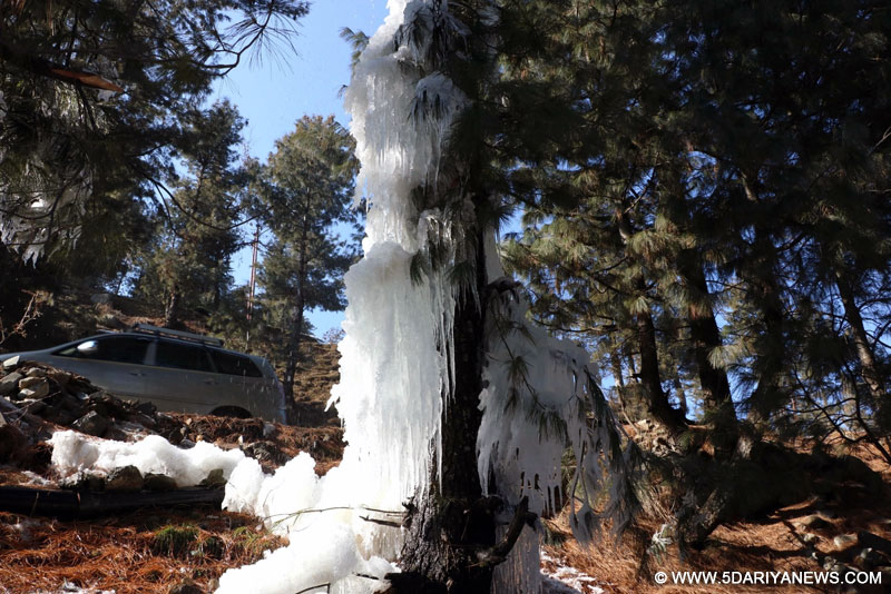 Icicles that were formed from the water leaked from a supply pipeline along Srinagar-Gulmarg road during the 