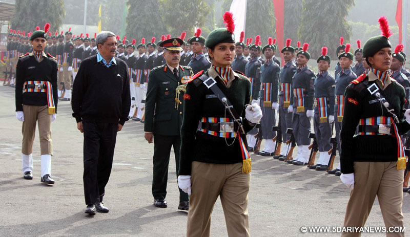 The Union Minister for Defence, Shri Manohar Parrikar inspecting Guard of Honour, at the DG NCC Republic Day Camp – 2016, in New Delhi on January 21, 2016. The DG NCC, Lt. Gen. Aniruddha Chakravarty is also seen.