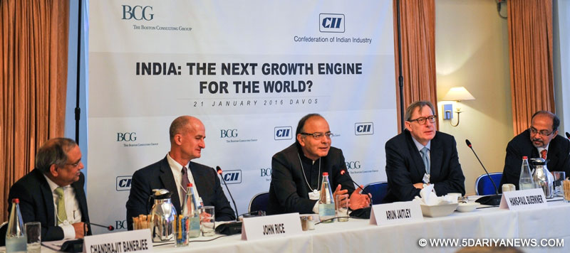 Union Minister for Finance, Corporate Affairs, and Information and Broadcasting Arun Jaitley with CII Director General Chandrajit Banerjee, GE Vice Chairman John Rice,BCG Chairman Dr Hans Paual Buerkner and Boston Consultancy Group Senior Partner & Managing Director Dr Arindam Bhattacharya during the CII BCG Breakfast Session on ndia : The Next Growth Engine for the Worldin Davos, Switzerland on Jan 21, 2016.
