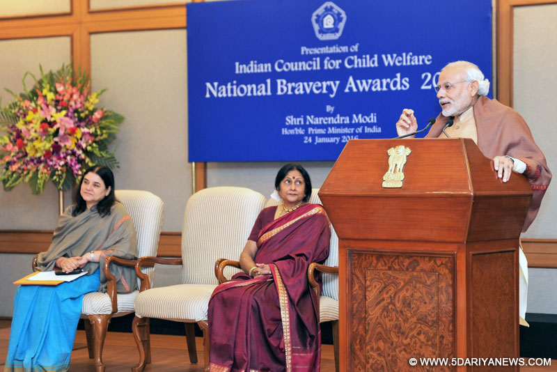 The Prime Minister, Shri Narendra Modi addressing at the presentation ceremony of the National Bravery Awards 2015, in New Delhi on January 24, 2016. The Union Minister for Women and Child Development, Smt. Maneka Sanjay Gandhi is also seen.