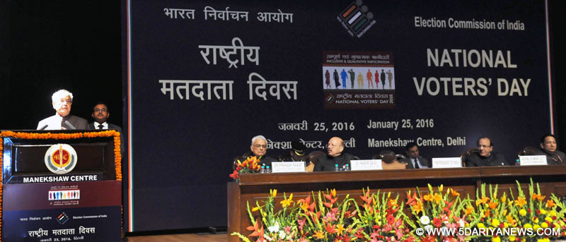 The President, Shri Pranab Mukherjee addressing at the 6th National level function of National Voters’ Day (NVD), in New Delhi on January 25, 2016. The Chief Election Commissioner, Dr. Nasim Zaidi and the Election Commissioners, Shri A.K. Joti and Shri O.P. Rawat are also seen.