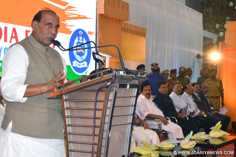 The Union Home Minister, Shri Rajnath Singh addressing at the anniversary celebrations of the Student Cadet Scheme of Kerala government, in Thiruvananthapuram on January 27, 2016. The Kerala Home Minister, Shri Ramesh Chennithala is also seen.