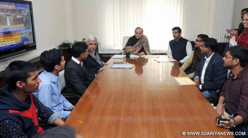  Arun Jaitley interacting with the winners of the Social Media Republic Day Contests, organised by the Ministry of Information & Broadcasting, in New Delhi on January 27, 2016. 
