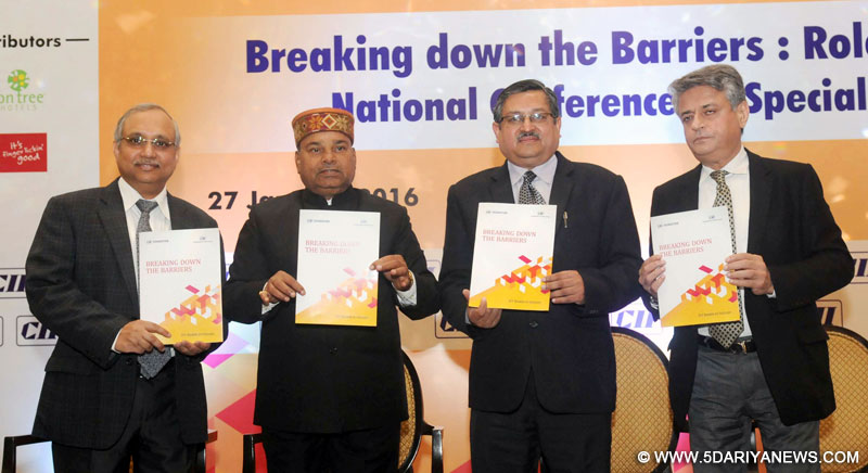 The Union Minister for Social Justice and Empowerment, Shri Thaawar Chand Gehlot unveiling the booklet ‘Breaking down the Barriers’, at the National Conference on Special Abilities, in New Delhi on January 27, 2016. The Secretary, Department of Empowerment of Persons with Disabilities, Shri Lov Verma is also seen.