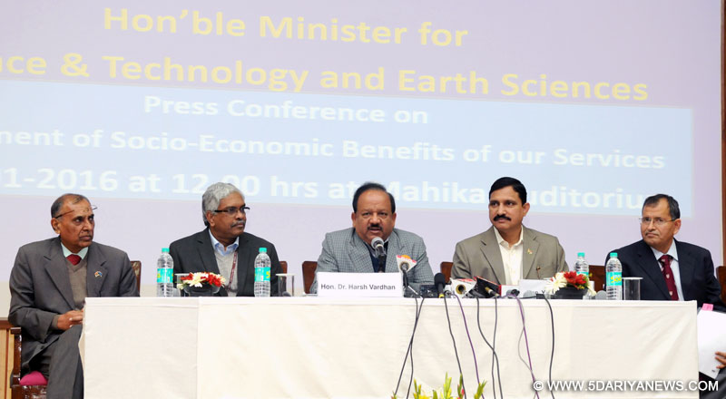 The Union Minister for Science & Technology and Earth Sciences, Dr. Harsh Vardhan holding a Press Conference on Weather and Climate forecast services to farmers and fishermen, in New Delhi on January 28, 2016. The Minister of State for Science and Technology and Earth Science, Shri Y.S. Chowdary and other dignitaries are also seen.