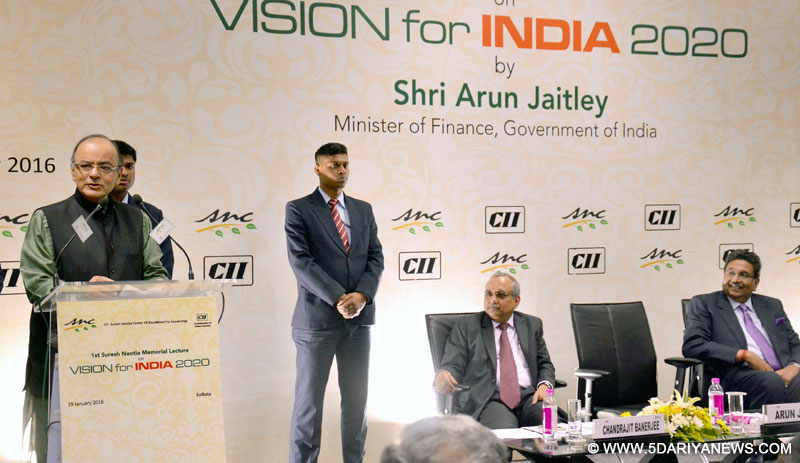 Arun Jaitley delivering the 1st Suresh Neotia Memorial Lecture on “Vision for India 2020”, organised by the Confederation of Indian Industry (CII), in Kolkata on January 29, 2016. 