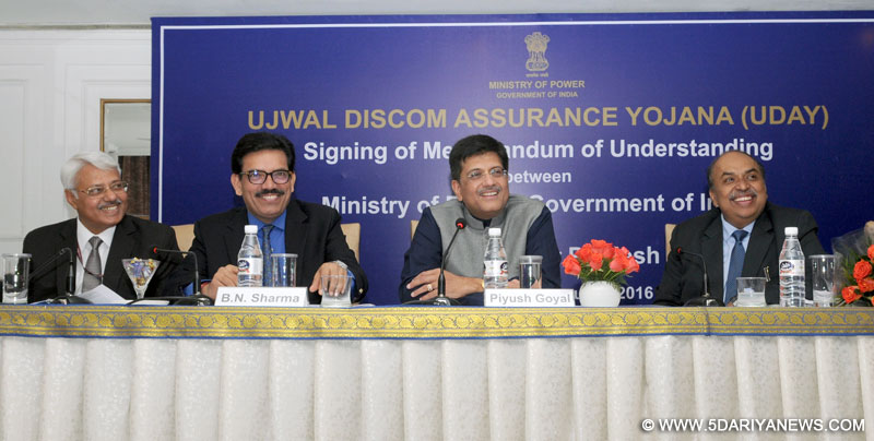 The Minister of State (Independent Charge) for Power, Coal and New and Renewable Energy, Shri Piyush Goyal addressing at the signing ceremony of a tripartite MoU with the State of Uttar Pradesh on “UDAY” (Ujwal Discom Assurance Yojana) for operational and Financial turnaround of Discoms, in New Delhi on January 30, 2016.