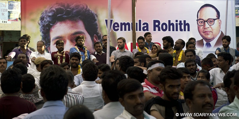 Congress vice president Rahul Gandhi with students protesting the suicide of research scholar Rohith Vemula at the Hyderabad Central University, on Jan. 30, 2016. 