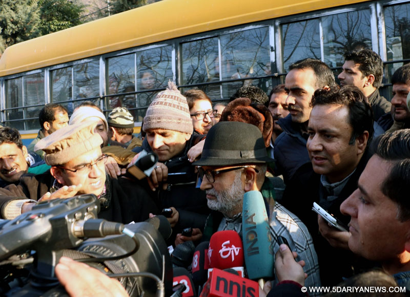 PDP chief spokesperson and Jammu and Kashmir Education Minister Nayeem Akhtar along with senior PDP leaderd addresses media persons after the legislative party meeting on government formation in Srinagar on Feb 1, 2016.