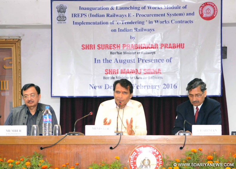 The Union Minister for Railways, Shri Suresh Prabhakar Prabhu addressing at the inauguration and launching of IREPS (Works) Module, for implementation of e-tendering in Works Contracts, developed by the Railways in association with Centre for Railway Information Systems (CRIS) an IT arm of Ministry of Railways, in New Delhi on February 01, 2016. The Chairman, Railway Board, Shri A.K. Mital is also seen.
