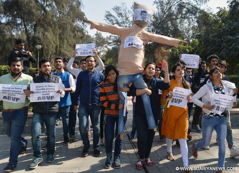 ABVP activists protest against Congress vice president Rahul Gandhi in New Delhi on Feb 1, 2016. 