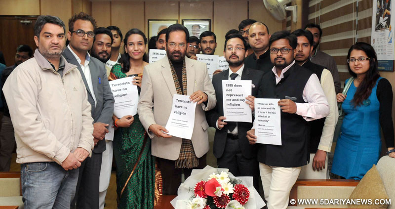 The Minister of State for Minority Affairs and Parliamentary Affairs, Mukhtar Abbas Naqvi with a delegation of India Against Terrorism, in New Delhi on February 02, 2016.