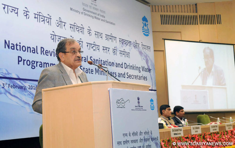 The Union Minister for Rural Development, Panchayati Raj, Drinking Water and Sanitation, Shri Chaudhary Birender Singh addressing at the National Review of State Ministers’ Conference on Sanitation and Drinking Water, in New Delhi on February 03, 2016. The Minister of State for Drinking Water & Sanitation, Shri Ram Kripal Yadav and the Minister of State for Panchayati Raj, Shri Nihalchand are also seen.