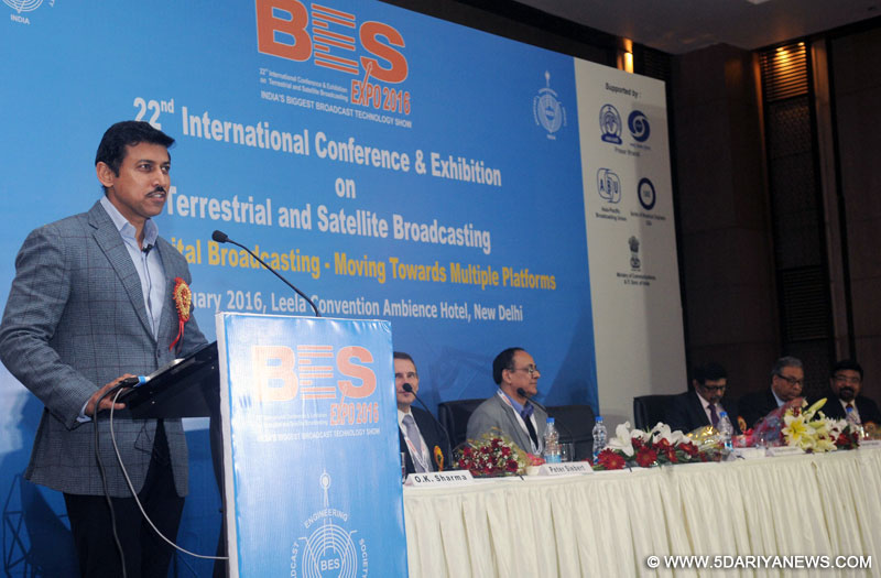 The Minister of State for Information & Broadcasting, Col. Rajyavardhan Singh Rathore addressing at the inaugural ceremony of the BES EXPO 2016, in New Delhi on February 04, 2016.