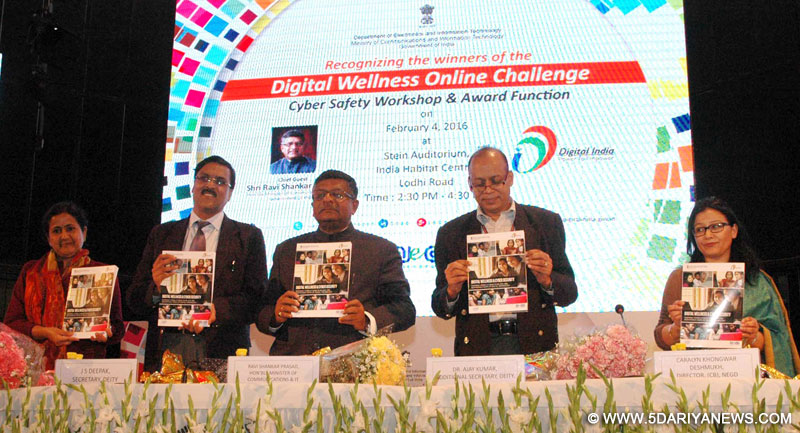 The Union Minister for Communications & Information Technology, Shri Ravi Shankar Prasad releasing the book at Award Presentation Ceremony of the Digital Wellness Online Challenge-2015, in New Delhi on February 04, 2016. The Secretary, DeitY, Shri J.S. Deepak and other dignitaries are also seen.