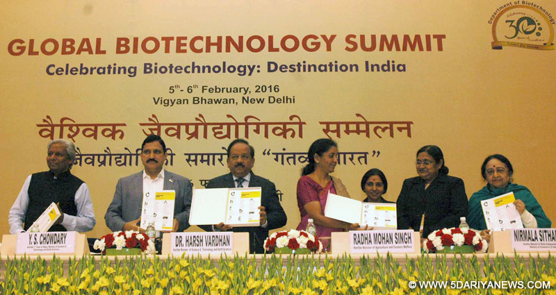 The Union Minister for Science & Technology and Earth Sciences, Dr. Harsh Vardhan releasing the publication at the inauguration of the Global Biotechnology Summit -“Destination India”, in New Delhi on February 05, 2016. The Minister of State for Commerce & Industry (Independent Charge), Smt. Nirmala Sitharaman and the Minister of State for Science and Technology and Earth Science, Shri Y.S. Chowdary are also seen.