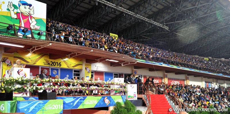 The Prime Minister, Shri Narendra Modi addressing at the inaugural ceremony of the 12th South Asian Games-2016, in Guwahati, Assam on February 05, 2016. The Governor of Assam, Nagaland & Tripura, Shri P.B. Acharya, the Governor of Meghalaya, Shri V. Shanmuganathan, the Chief Minister of Assam, Shri Tarun Gogoi the Chief Minister of Meghalaya, Dr. Mukul Sangma and the Minister of State for Petroleum and Natural Gas (Independent Charge), Shri Dharmendra Pradhan are also seen.