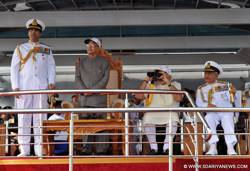 The Prime Minister, Shri Narendra Modi aboard INS Sumitra as the President, Shri Pranab Mukherjee reviews the fleet during International Fleet Review 2016, in Visakhapatnam on February 06, 2016. The Chief of Naval Staff, Admiral R.K. Dhowan is also seen.