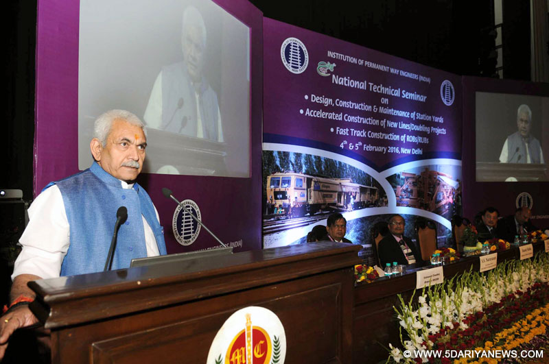 The Minister of State for Railways, Shri Manoj Sinha addressing at the Closing Ceremony/Valedictory Session of the National Technical Seminar on: Design Construction & Maintenance of Station Yards, Accelerated construction of New Lines/Doubling Project and Fast Track Construction of ROBs/RUBs, in New Delhi on February 05, 2016.