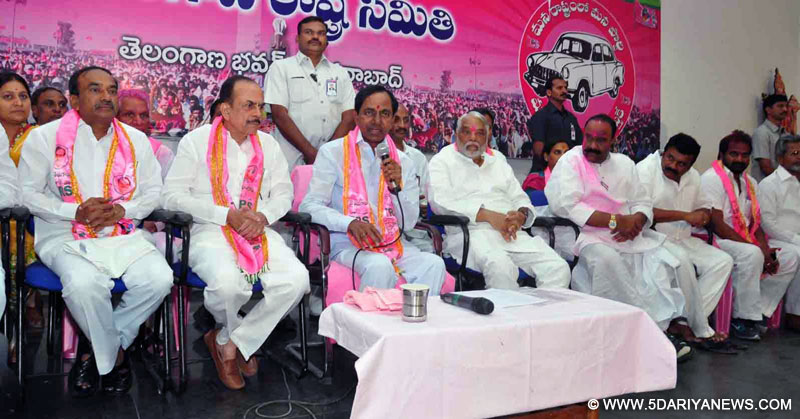 Hyderabad: Telangana Chief Minister and TRS leader K Chandrasekhar Rao during a press conference regading their victory over Greater Hyderabad Municipal Corporation (GHMC) in Hyderabad on Feb 5, 2016. 