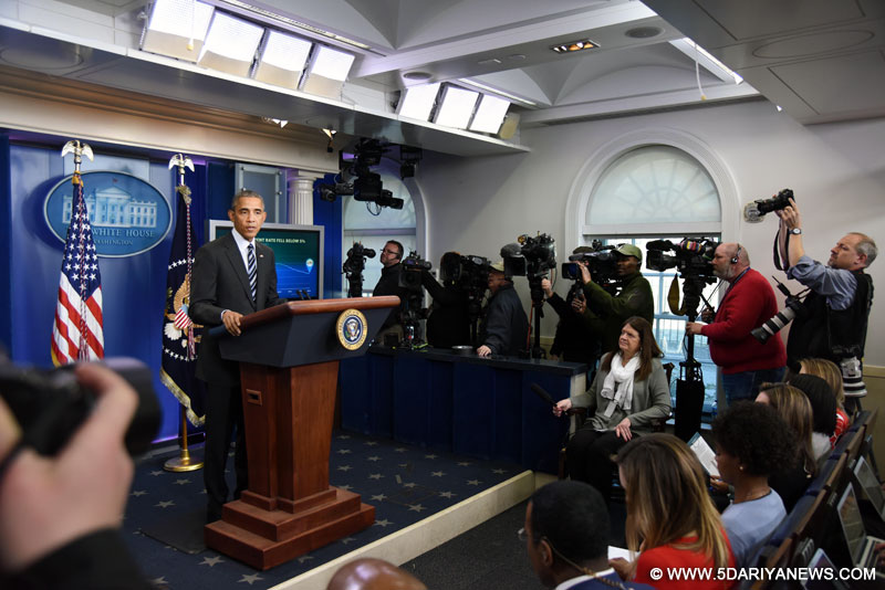 U.S. President Barack Obama speaks about the economy during a news conference in the Brady Press Briefing Room of the White House in Washington D.C., the United States on Feb. 5, 2016. 