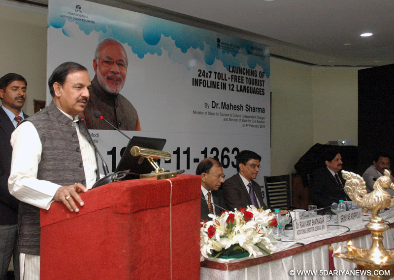 The Minister of State for Culture (Independent Charge), Tourism (Independent Charge) and Civil Aviation, Dr. Mahesh Sharma addressing at the launch of the “24x7 Toll Free Multi-Lingual Tourist Info Line in 12 International Languages including Hindi & English”, in New Delhi on February 08, 2016. The Secretary, Ministry of Tourism, Shri Vinod Zutshi and other dignitaries are also seen.