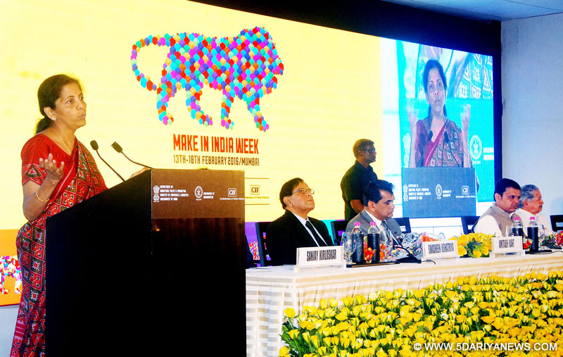 The Minister of State for Commerce & Industry (Independent Charge), Smt. Nirmala Sitharaman addressing at the Curtain Raiser Press Conference of the Make In India Week, in Mumbai on February 08, 2016. The Chief Minister of Maharashtra, Shri Devendra Fadnavis, the Maharashtra Industry Minister, Shri Subhash Desai, the Secretary, Department of Industrial Policy and Promotion (DIPP), Shri Amitabh Kant and the Chief Secretary of Maharashtra, Shri Swadheen Kshatriya are also seen.