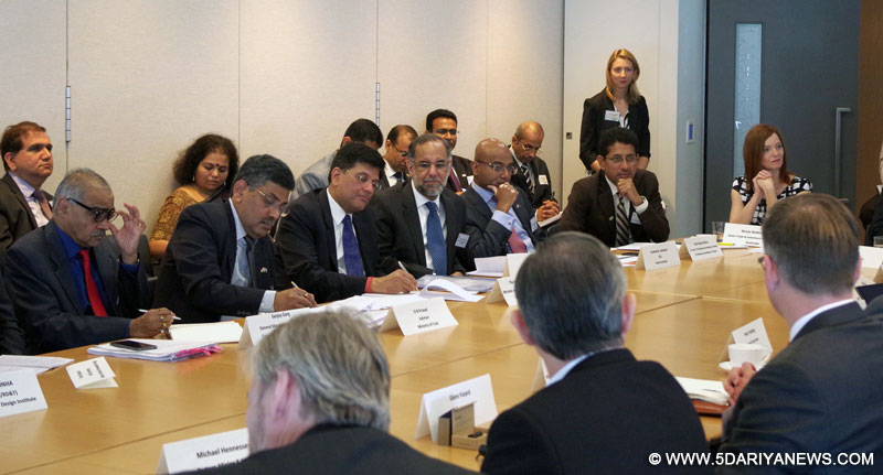 Piyush Goyal attending the round table on efficient Coal mining, Clean Coal technologies and Mine safety, in Brisbane on February 08, 2016. The High Commissioner of India to Australia, Shri Navdeep Singh Suri is also seen.
