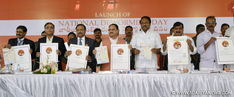 The Union Minister for Health & Family Welfare, Shri J.P. Nadda releasing the IEC Material at the launch of National Deworming Day, at Hyderabad on February 09, 2016. The Health, Medical and Family Welfare Minister, Telangana, Dr. Charlakola Laxma Reddy, the Transport Minister, Telangana, Shri P. Mahender Reddy, the Bhongir MP, Dr. Narsaiah Boora and other dignitaries are also seen.