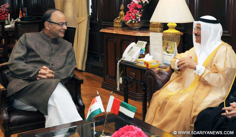 The Minister of Economy, UAE, Mr. Sultan Al Mansoori meeting the Union Minister for Finance, Corporate Affairs and Information & Broadcasting, Shri Arun Jaitley, in New Delhi on February 10, 2016.