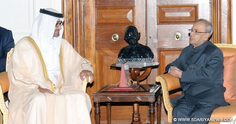 The Crown Prince of Abu Dhabi, His Highness Sheikh Mohammed Bin Zayed Al Nahyan meeting the President, Shri Pranab Mukherjee, at Rashtrapati Bhavan, in New Delhi on February 11, 2016.