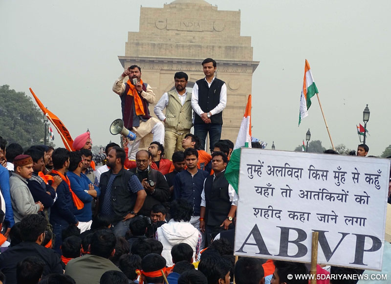 ABVP activists stage a demonstration against the Afzal Guru commemoration at Jawaharlal Nehru University; at the India Gate in New Delhi, on Feb 12, 2016. 