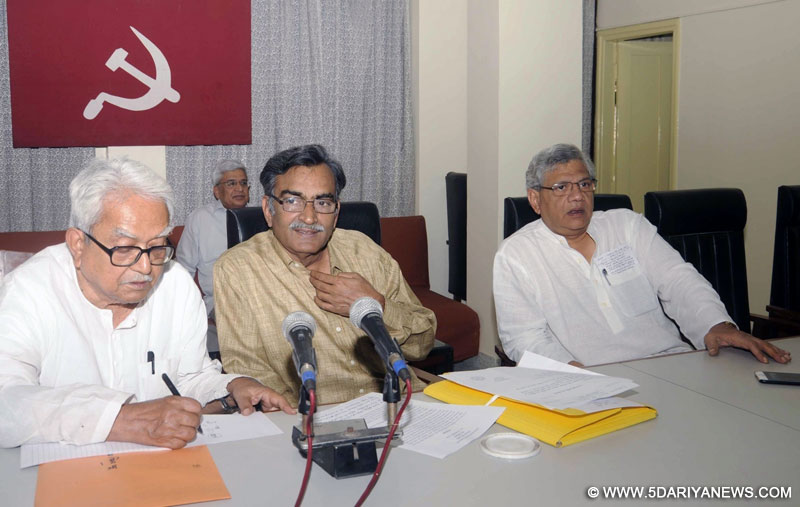 Left Front Chairman Biman Bose, CPI-M State secretory Surja Kanta Mishra, General Secretary of the (CPIM) Communist Party of India (Marxist), Sitaram Yechury, during CPI(M) state committee meeting in Kolkata, on Feb 12, 2016.