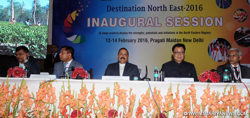 Dr. Jitendra Singh, the Chief Minister of Meghalaya, Dr. Mukul Sangma, the Minister of State for Home Affairs, Shri Kiren Rijiju and the Secretary of DoNER, Shri Naveen Verma at the inauguration of the ‘Destination North East 2016’, in New Delhi on February 12, 2016.