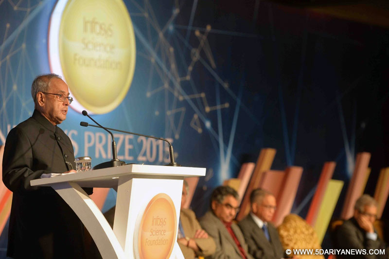 President Pranab Mukherjee addresses during the Infosys Prizes for the Year 2015 in New Delhi, on Feb 13, 2016. 