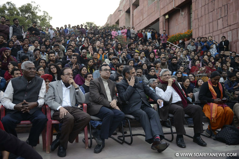 CPI leader D Raja, Congress leaders Anand Sharma and Ajay Maken and CPI-M general secretary Sitaram Yechury at the Jawaharlal Nehru University in New Delhi, on Feb 13, 2016. 