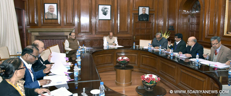 The Union Home Minister, Shri Rajnath Singh chairing a meeting of the High Level Committee (HLC), in New Delhi on February 15, 2016. The Union Minister for Finance, Corporate Affairs and Information & Broadcasting, Shri Arun Jaitley, the Union Home Secretary, Shri Rajiv Mehrishi and senior officers of the Ministries of Home, Finance and Agriculture are also seen.
