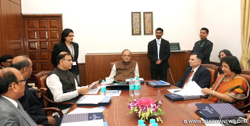 The Union Minister for Finance, Corporate Affairs and Information & Broadcasting, Shri Arun Jaitley at the inauguration of the Non Tax Receipt Portal (NTR portal), developed by Controller General of Accounts, in New Delhi on February 15, 2016. The Minister of State for Finance, Shri Jayant Sinha and the Finance Secretary, Shri Ratan P. Watalb and other dignitaries are also seen.